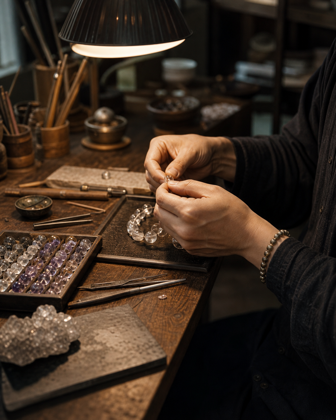 Hand-assembling natural materials at the workbench