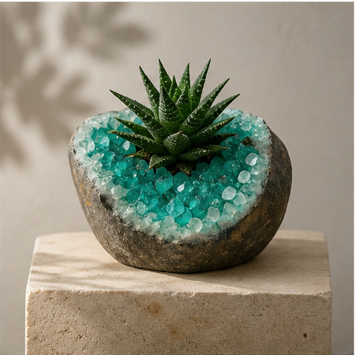 Crystal bonsai displayed as a quiet art object