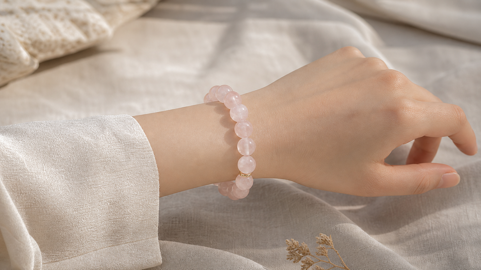 Finished rose quartz bracelet worn on the wrist